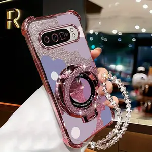 Pixel9 Pro XL Shockproof Transparent Magnetic Glitter Pearl Strap Lanyard Phone Holder Case For Compatible With Google Pixel 9 Pro XL Large Purple Flowers Stand Cover