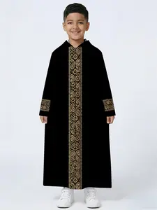 Kids Black Golden Paisley Embroidery Hooded Long Robe, Ramadan Special Muslim Boys Jubba