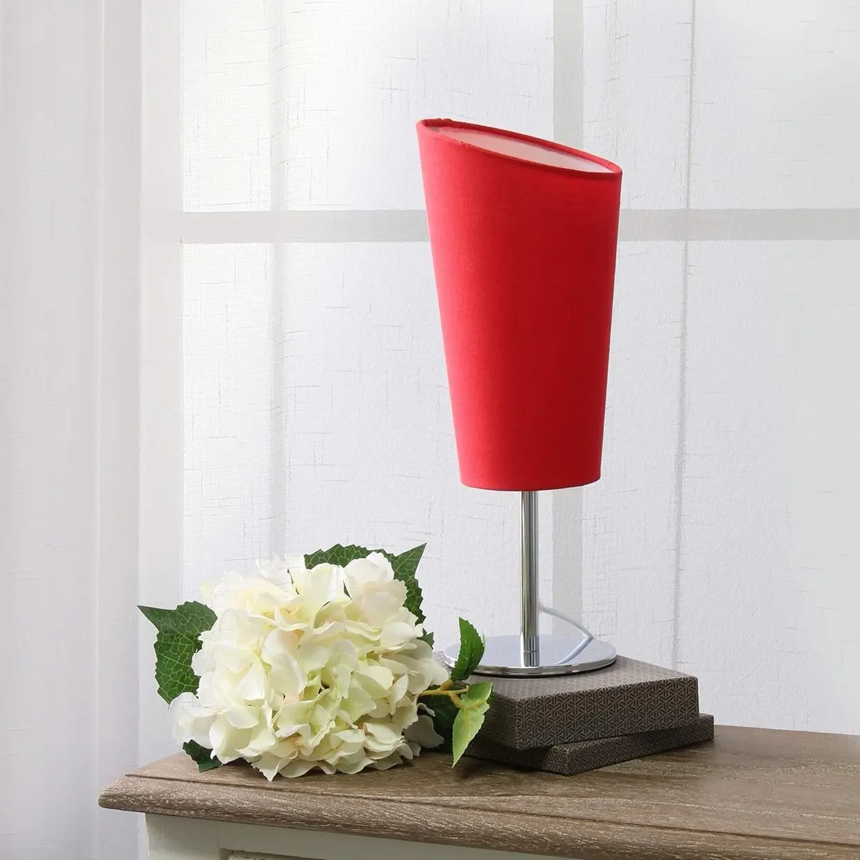 LT1208-RED 12.4" Compact Chrome Table Lamp with Angled Fabric Shade for Living Room, Bedroom, Office - Red