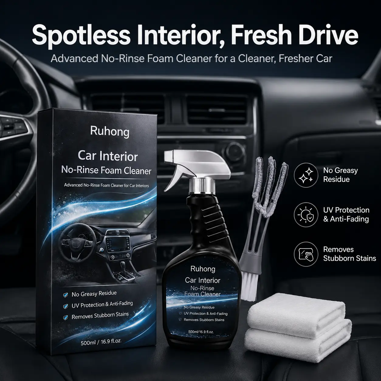 Multi-Purpose Foaming Cleaner Kit for Car Interior Leather Seats Dashboard Quick Polish Anti-Aging UV Protection High Gloss Shine Effortless Maintenance Detailing