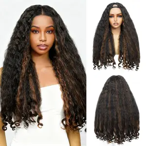 Afro Wig V Part Kinky Curly Wigs 1B/30 Black Mix Blond for Black Women, Wear and Go Glueless Wig Synthetic No Leave out Clip in  24 Inch with Unique Bouncy Curls in the End