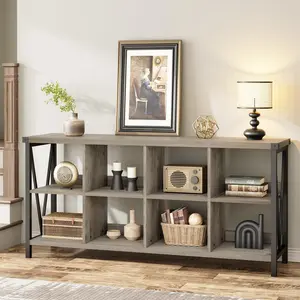 【GARVEE】8 Cube Storage Organizer Bookshelf, 3 Tier Metal Horizontal Bookcase, 62 Inch Console Bookshelves, Industrial Storage Bookcase for Entryway, Long Low Bookshelf for Living Room-Grey