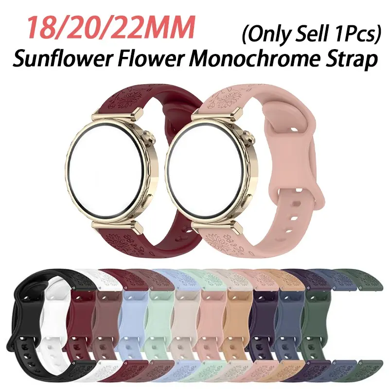 18mm 20mm 22mm Silicone Straps with Sunflowers carvings, For Garmin Vivoactive 6 5 3 4s, Venu 3s 2s Sq, Venu 2 Plus, Forerunner 165 55, Approach S42 S44 S50 Strap,for Universal Bracelet for Huawei Xiaomi Amazfit, Smart Watch Accessories, Smartwatch Strap