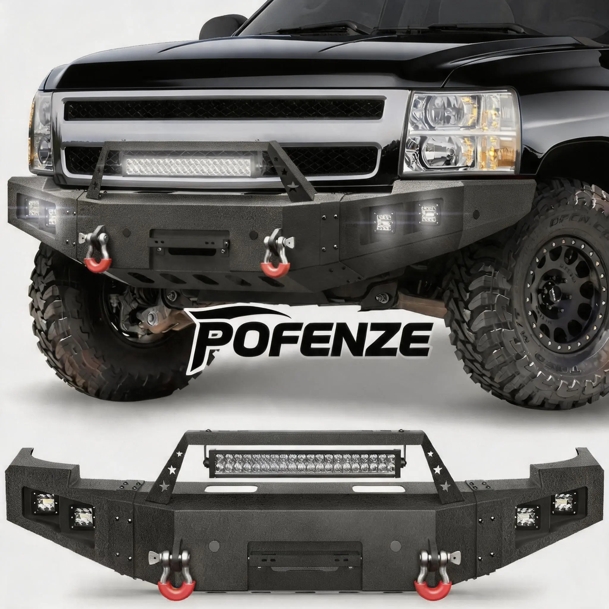 POFENZE-NADIA Custom Fit Front Bumper for 2007-2013 Chevy Silverado 1500 Pickup Truck - Black, Winch Plate, D-Rings, Lights, Rigid Industries Bars, Adds Functionality, Enhances Aesthetic, Auto Replacement Body Part