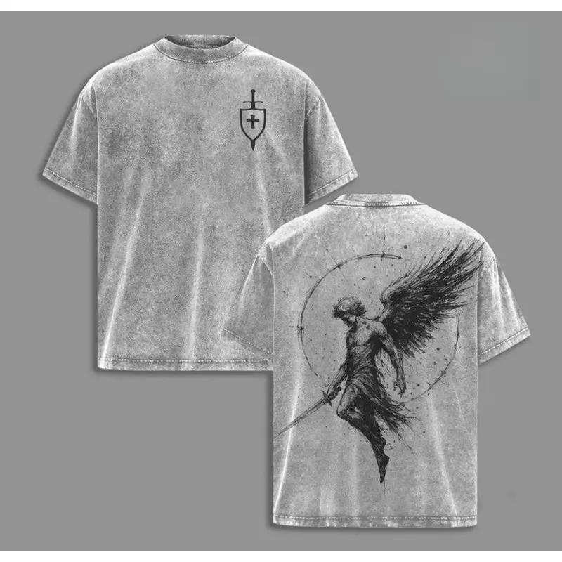 Sanctus Michael Archangelus x Flaming Sword x Shield x Scales of Justice Archangel Michael T-Shirt Washed Church Outfit Gym Pump Cover ,Christian Religious , Jesus Apparel Unisex 100% Cotton T-shirt