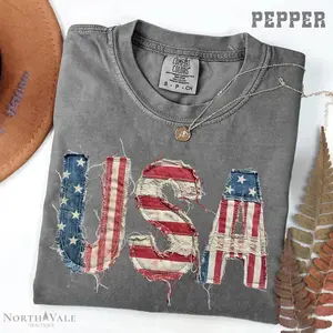 Comfort Colors® Vintage Faux Patchwork USA Shirt Retro USA Tee Trendy 4th of July Gift, Distressed American Flag Tshirt