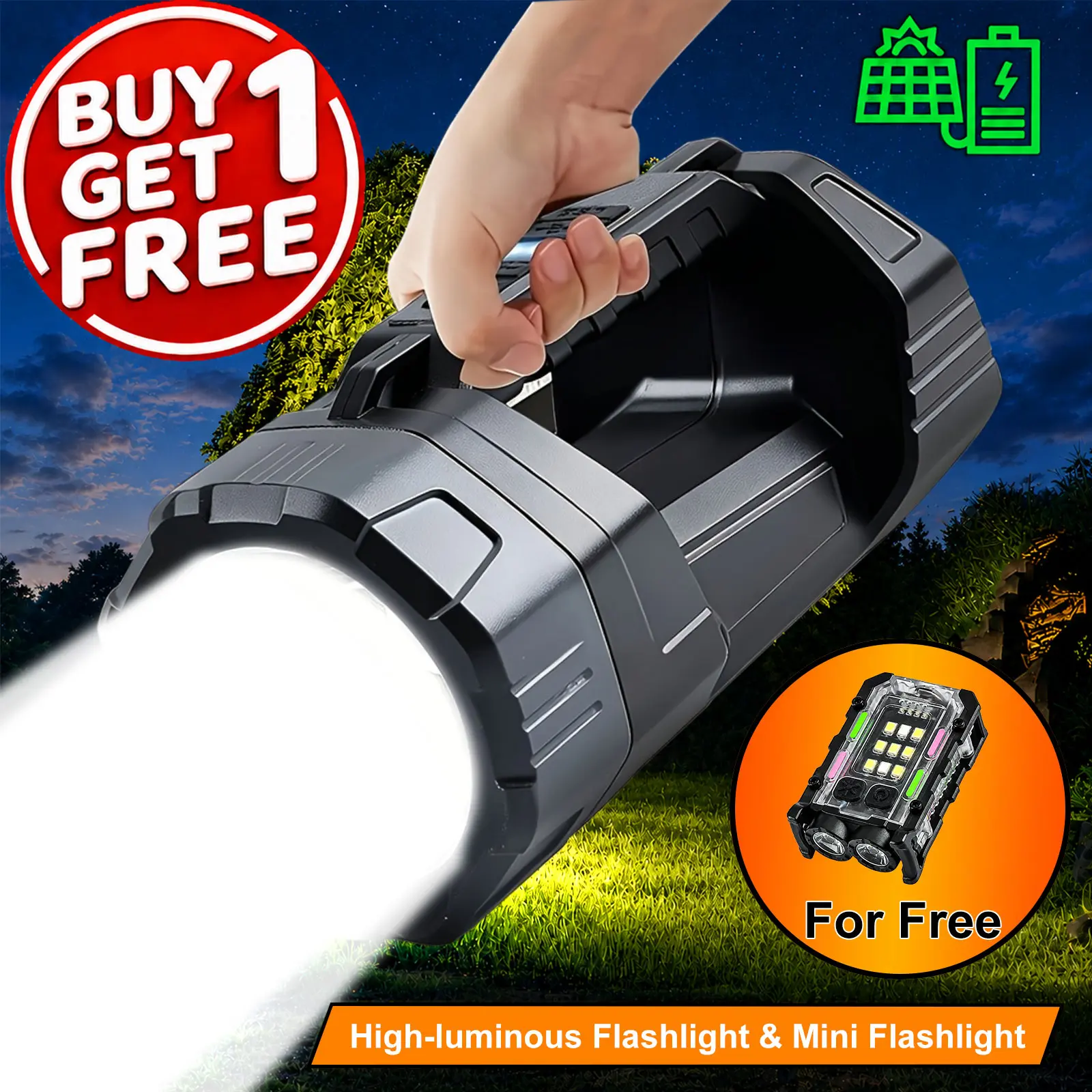 Buy 1 Get 1 Free (Total of 2 PCS), Solar LED Flashlight, COB Side Light, USB Charging Handheld Searchlight, 6 Light Modes, With Power Display, Portable Emergency Light, Suitable For Outdoor Camping, Hiking, Night Fishing