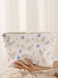 Floral Print Velvet Makeup Bag, Cartoon Style, Cute Lightweight Multi-Functional Fashion Casual Cosmetic Pouch, Travel Organizer, Makeup Storage Bag, Handheld Cosmetic Pouch