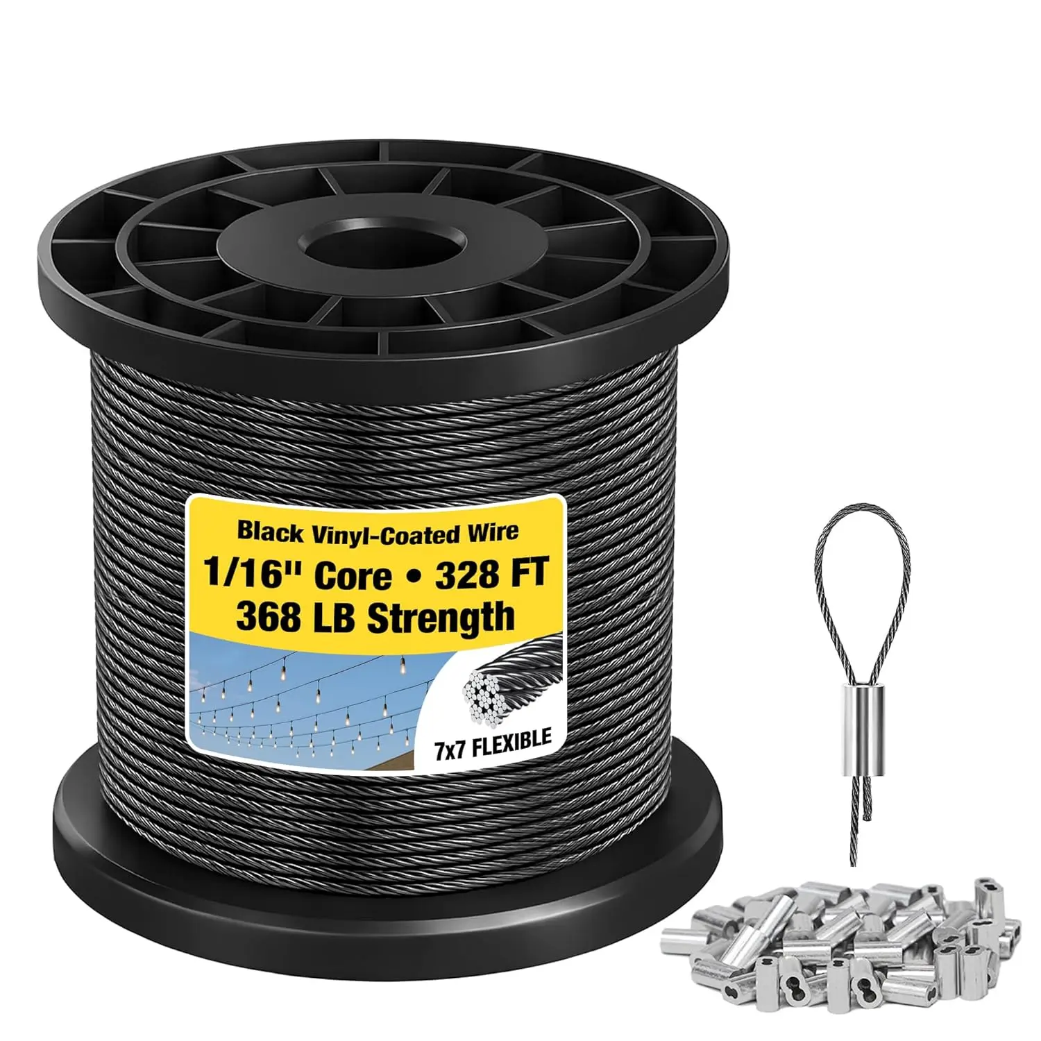 1/16" Wire Rope - 328FT 304 Stainless Steel , 7x7 Flexible 368lbs Breaking Strength, Black Vinyl Coated with 150 Crimp Sleeves for String Lights, Garden Trellis, DIY Projects, Picture