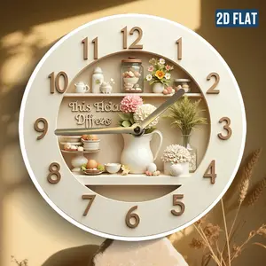 2D Flat Wall Clock - Floral and Kitchen Theme Home Decor, Living Room, Kitchen Entrance Wooden Round Clock (Batteries Not Included) - Perfect Easter or Halloween Gift, Country Style Design, Fine Craftsmanship, Decorative Details, 2D Flat Wall Clock