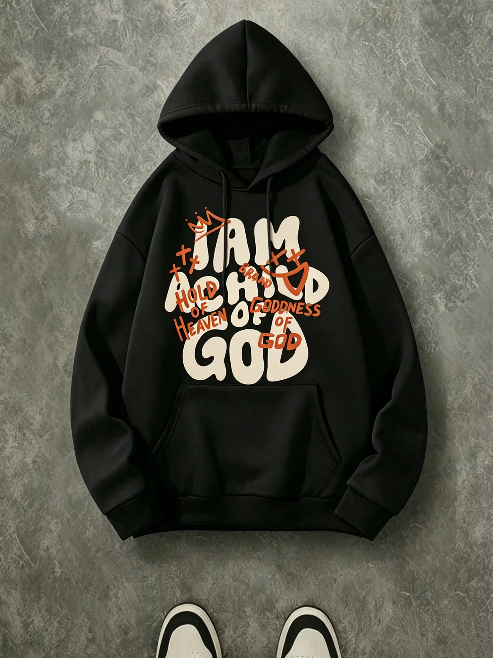 I Am A Child Of God Bubble Graffiti Letter Hoodie, 270G Brushed Fleece Crown Cross Vintage Christian Front Print Black Hooded Sweatshirt, Y2K Faith Streetwear Pullover For Men Women
