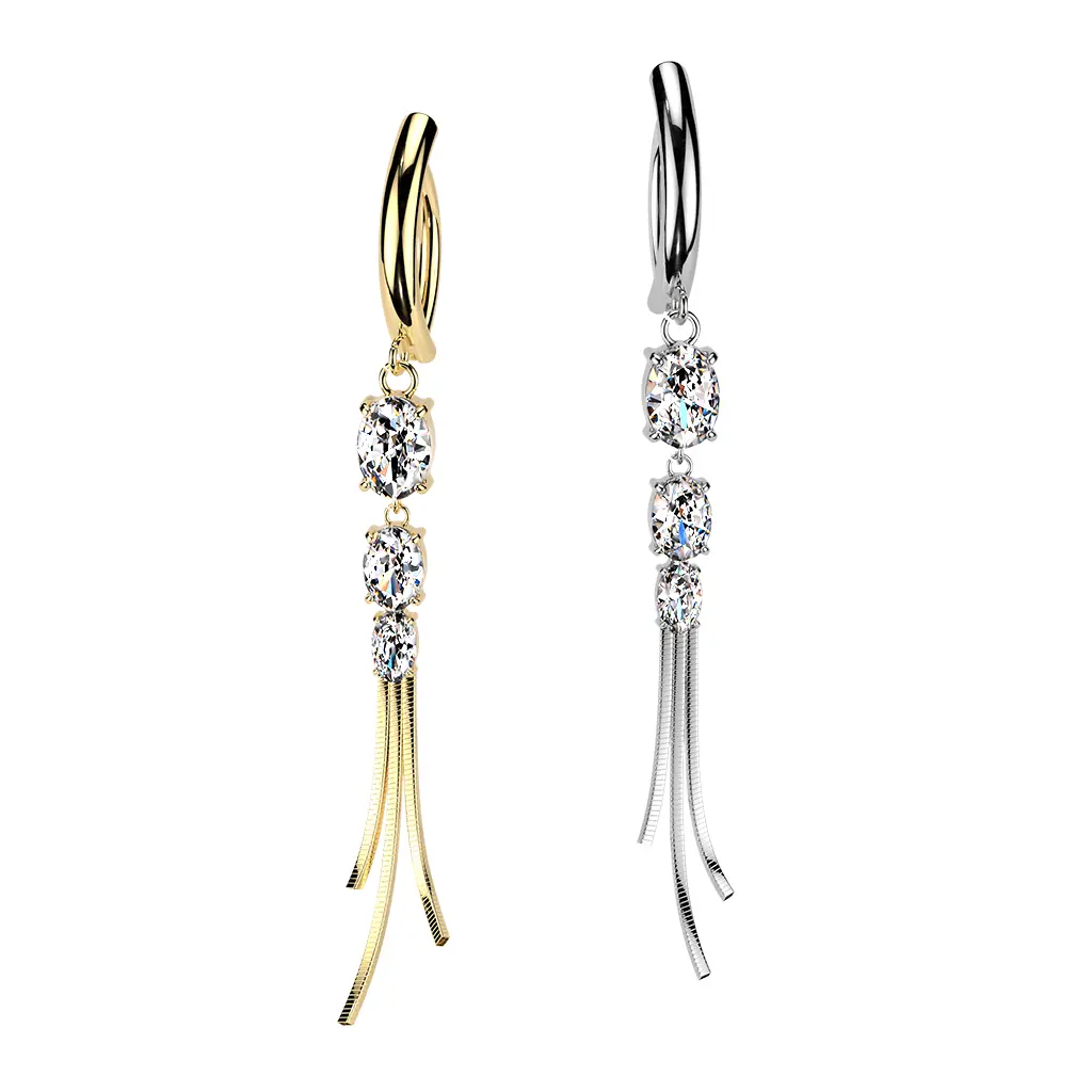 14G Hinged Clicker Triple Oval CZ Belly Button Ring with Chain Dangle Jewelry Sold Each