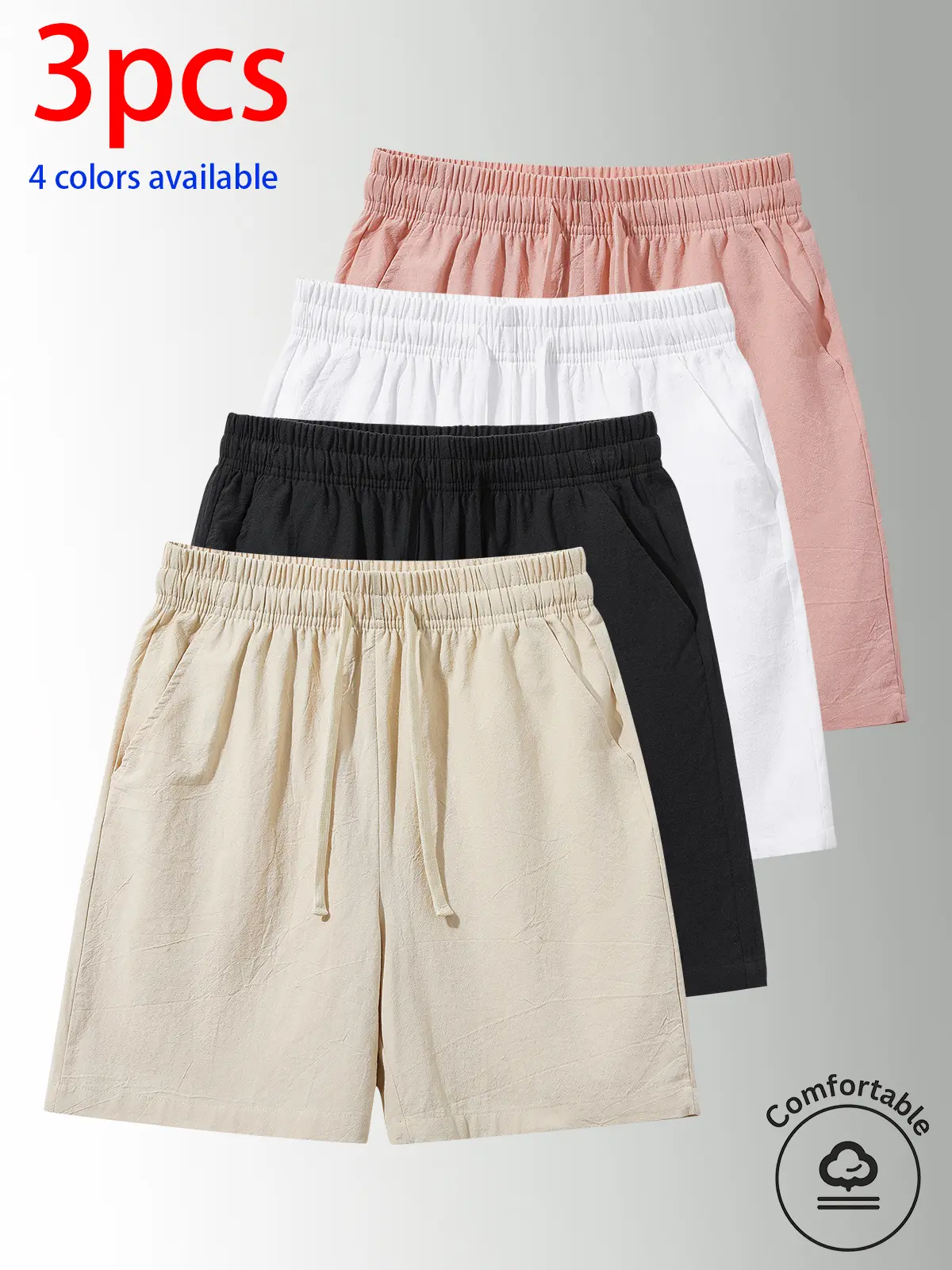 3-pack men’s pure cotton shorts, men’s shorts, men’s casual shorts. Drawstring waistband design, 100% pure cotton material, loose straight fit, soft and skin-friendly, solid color and versatile—ideal for everyday casual wear, home, outings, commuting to w