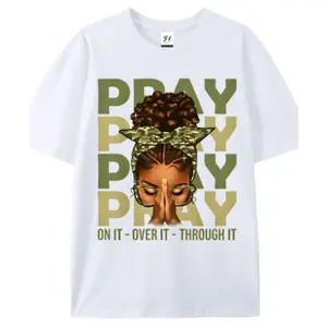 Fashion Inspirational "Pray On It Over It Through It" Christian Graphic T-Shirt, Black Woman Camo Headwrap Outfit, Comfort Cotton Crew Neck Tee, Perfect Religious Gift For Her, Faith-Based Casual White Top