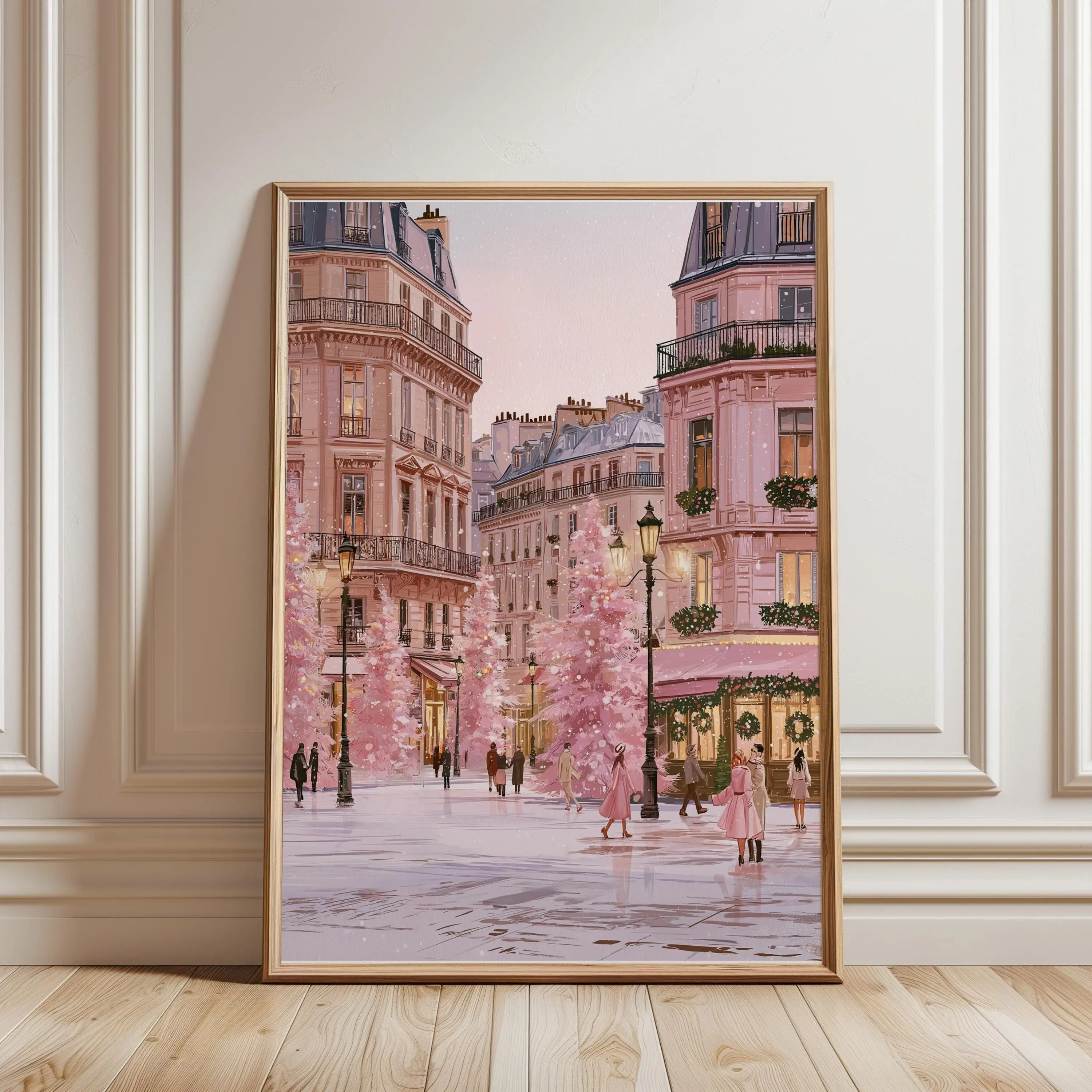 [SALE UP TO 40%] [Unframed] Pink Paris Christmas Print - Snowy Parisian Winter Poster, Christmas Decor, Pink Prints, Coquette, Pastel Decor, Seasonal Print, Xmas Prints