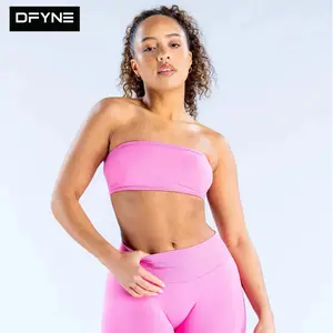 DFYNE Seamless Strapless Bandeau Sports Bra & Leggings Set| Padded Tube Top Gym Bra with High Waisted Tummy Control Yoga Pants 2-Piece Outfit