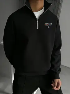 Men's Monaco Print Half-Zip Pullover Sweatshirt, Street Fashion Stand Collar, Casual Long Sleeve Fleece, Geometric Pattern, Spring & Fall