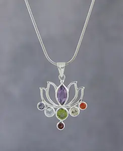 Lotus Chakra Gemstone Pendant – Sterling Silver Yoga Jewelry