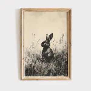 Vintage Rabbit Sketch Wall Art, Black and White Easter Printable, Spring Nursery Decor, Kids Room Animal Illustration, 5 Size, 8x12 to 27x40 inch, Room Decor, Unframed