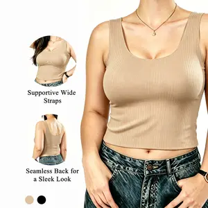 Women’s Built-In Bra Tank Top Ice Silk Seamless Sleeveless Ribbed Cami with Fixed Cups