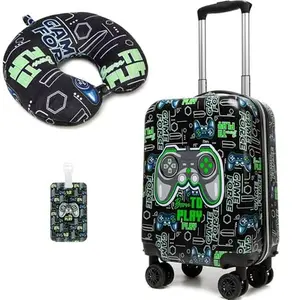 Perfect Travel Gift for Boys! Gaming Controller 3-Piece Luggage Set | Hardside Carry-On Suitcase with Neck Pillow & Luggage Tag | Kids Vacation Trolley