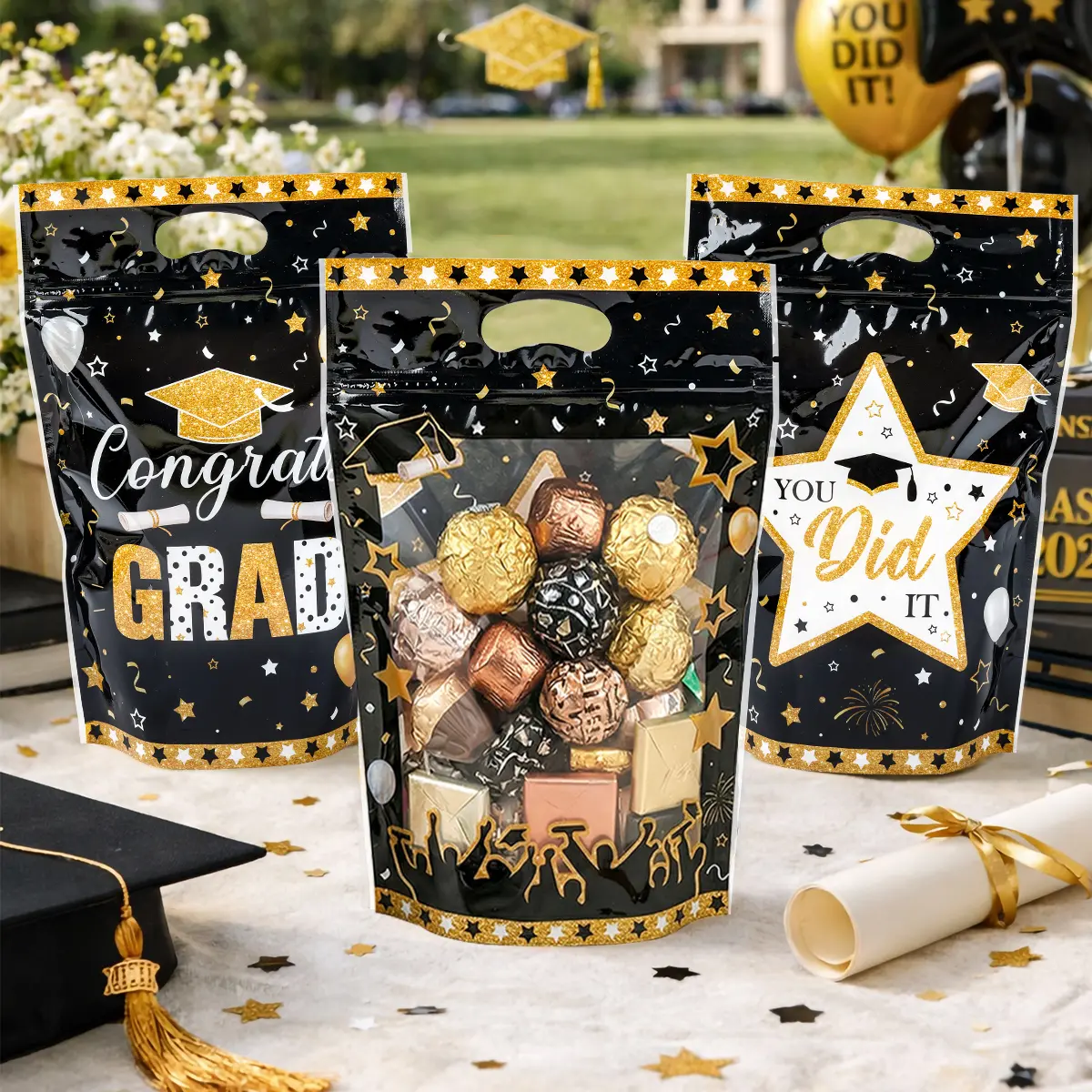25Pcs Resealable Ziplock Graduation Party Favor Bags Congrats Grad Plastic Treat Bags with Handles Goodie Candy Bags for Graduation Season Theme Party Gift Wrapping Supplies for Graduation Party Favors Supplies Assorted Pack of 2 Styles