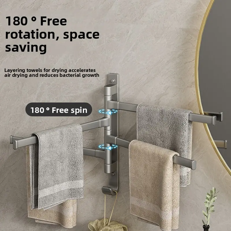 Space Aluminum Rotating Towel Rack, No-Drill Wall-Mounted Bathroom Towel Holder with 3/4/5 Bars, Adhesive Installation, Gunmetal/White
