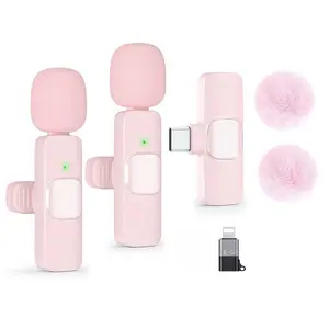 Wireless Microphone for Android/iPhone/Computer/Laptop, Wireless Mic for iPhone15 with Noise Reduction Chip, Mini Microphone for Recording Podcast YouTube, TikTok(Pink)