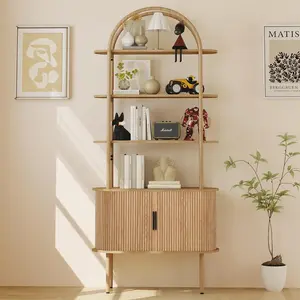 Giratree 71" Tall Fluted Arched Bookshelf with Sliding Tambour Doors, Mid Century Modern Curved Bookshelf Cabinet with Storage, 4-Tier Open Display Storage Shelf for Home Office, Living Room