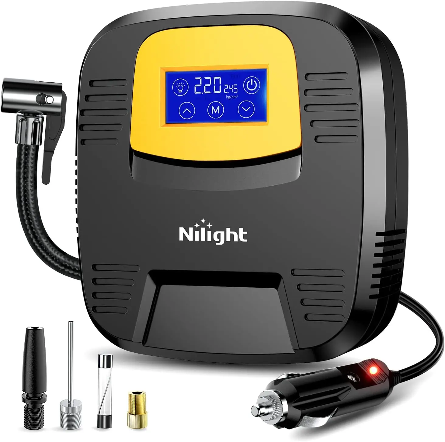 Nilight 12V DC Digital Vehicle Tire Inflator, Compact Universal 150 PSI Max Car Compressor with Touch Screen, Solar Power, Smart Flasher, Tire Sensor, Hydraulic Car Jack & Pressure Monitoring Tool, Digital Tire Inflator