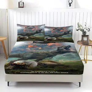 Jurassic World Tyrannosaurus Rex Survival Print Fitted Sheet Set (3 Pieces):1 Sheet And 2 Pillowcases，skin-friendly, Comfortable, And Durable，jurassic Theme: "life Has Its Own Way"，retro Adventure Style Bedding Gift。