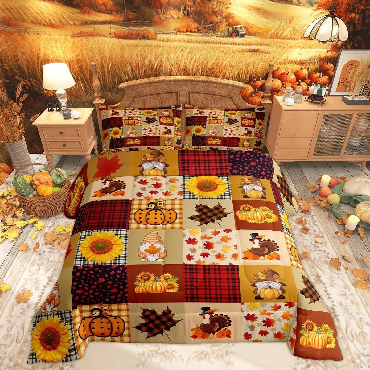 Feelyou Vintage Fall Patchwork Comforter Set - Queen/King Size Duvet Insert, Quilted Fabric, Pumpkin-Maple Leaf-Sunflower Rustic Farm Plants Design, Women's Thanksgiving Turkey Gnome Bedding, Yellow Red Plaid for Bedroom Use