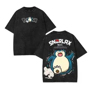 Vintage Snorlax Anime Double Oversized Washed Tee Unisex Anime Lover Cotton Fabric men gifts merch Stylish Clothes Streetwear Relaxed Fit