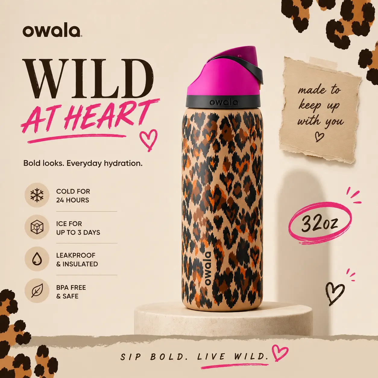 Owala Wild At Heart Leopard Print – Leak Proof, Insulated, BPA Free 32OZ Owala Wild At Heart Leopard Print – Leak Proof, Insulated, BPA Free 32OZ