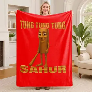 Tung Tung Character Flannel Blanket, Sahur Celebration Print Pattern, UltraSoft, Lightweight and Cozy, Perfect for Warmth, Snuggling, Travel, Camping, Home Decor, Sofa, Living Room, Dorm, Holiday, Ramadan, Eid Gift Idea, Family and Fri