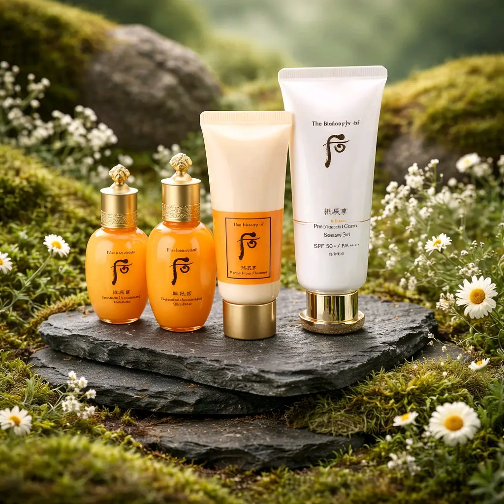 THE WHOO Gongjinhyang Fresh UV Protective Cream 4pcs Special Set SPF50+ PA++++ Moisturizing & Nourishing for Dry or Sensitive Skin with Balancer, Emulsion, & Cleanser