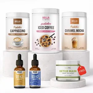 Bella All Natural Bundle: Probiotics Cappuccino + Probiotics Iced Coffee + Probiotics Caramel Mocha + D3 K2 Drops (Day + Night) + Free Detox Mask