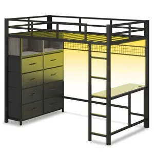 Sikaic Twin Size LED Loft Bed Frame with Desk and 8 Drawers Grey