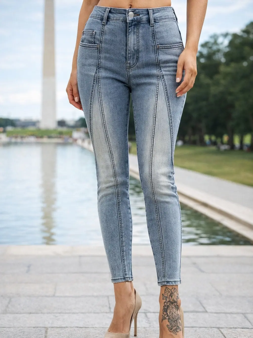 Women's Mid-Rise Stretchy Cotton Washed Skinny Slim Fit Jeans - Light Medium Wash, Contrast Stitch, Vintage Ankle Length, All-Season Clothes Piece, for Trendy Streetwear, BTN018-B
