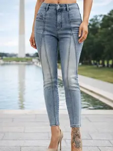 Elengatine Mid Rise Stretch Skinny Jeans - Medium Wash Women's Vintage Light Wash with Contrast Stitch Fit Bottom Fashionable All Seasons Below the Ankle Jeans for Trendy Streetwear and Daily Wear Pants Trouser BTN018-B