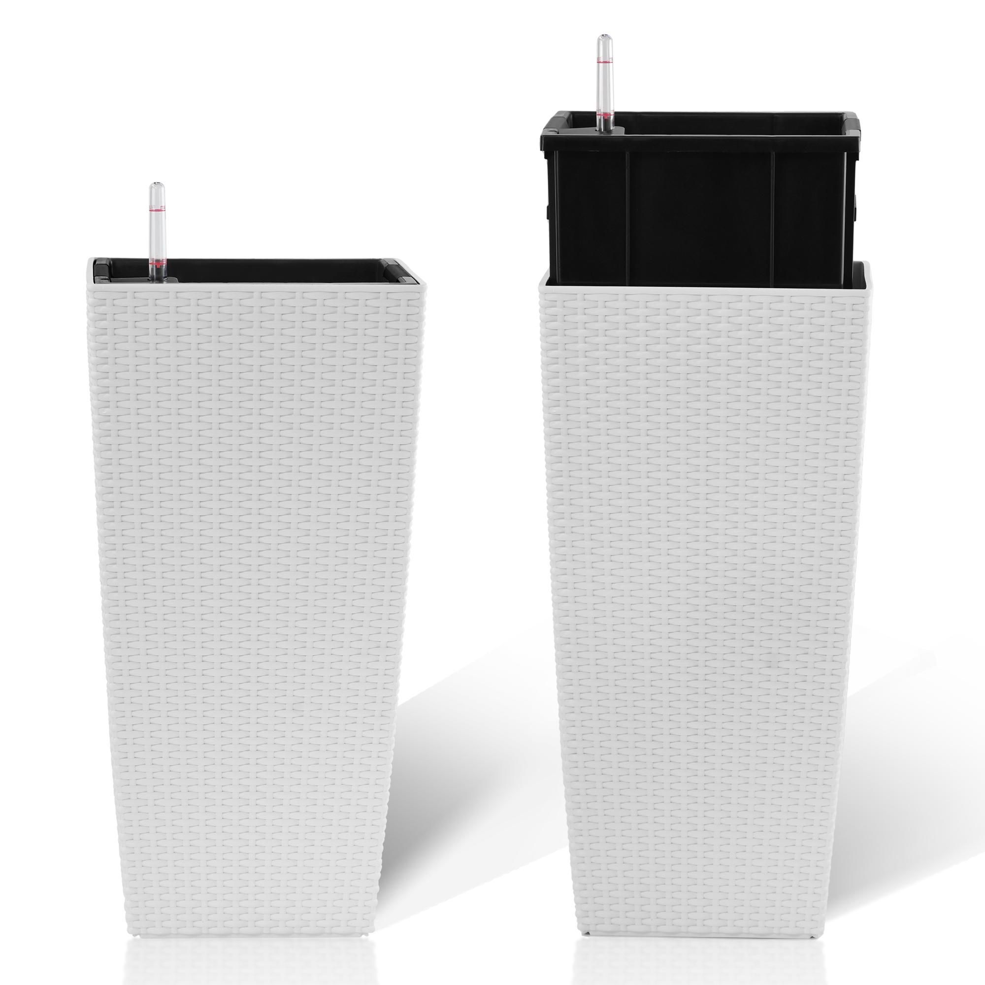 22 Inch High Pack of 2 Large Square Faux Rattan Planters, Self-Watering Flower Pots with Automatic Watering System & Drainage, Modern White Decorative Planter for Indoor Outdoor Use, Perfect for Porch, Patio, Backyard, Garden