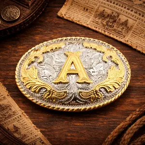 Vintage Style Western Cowboy Belt Buckle with Gold Plated Initial