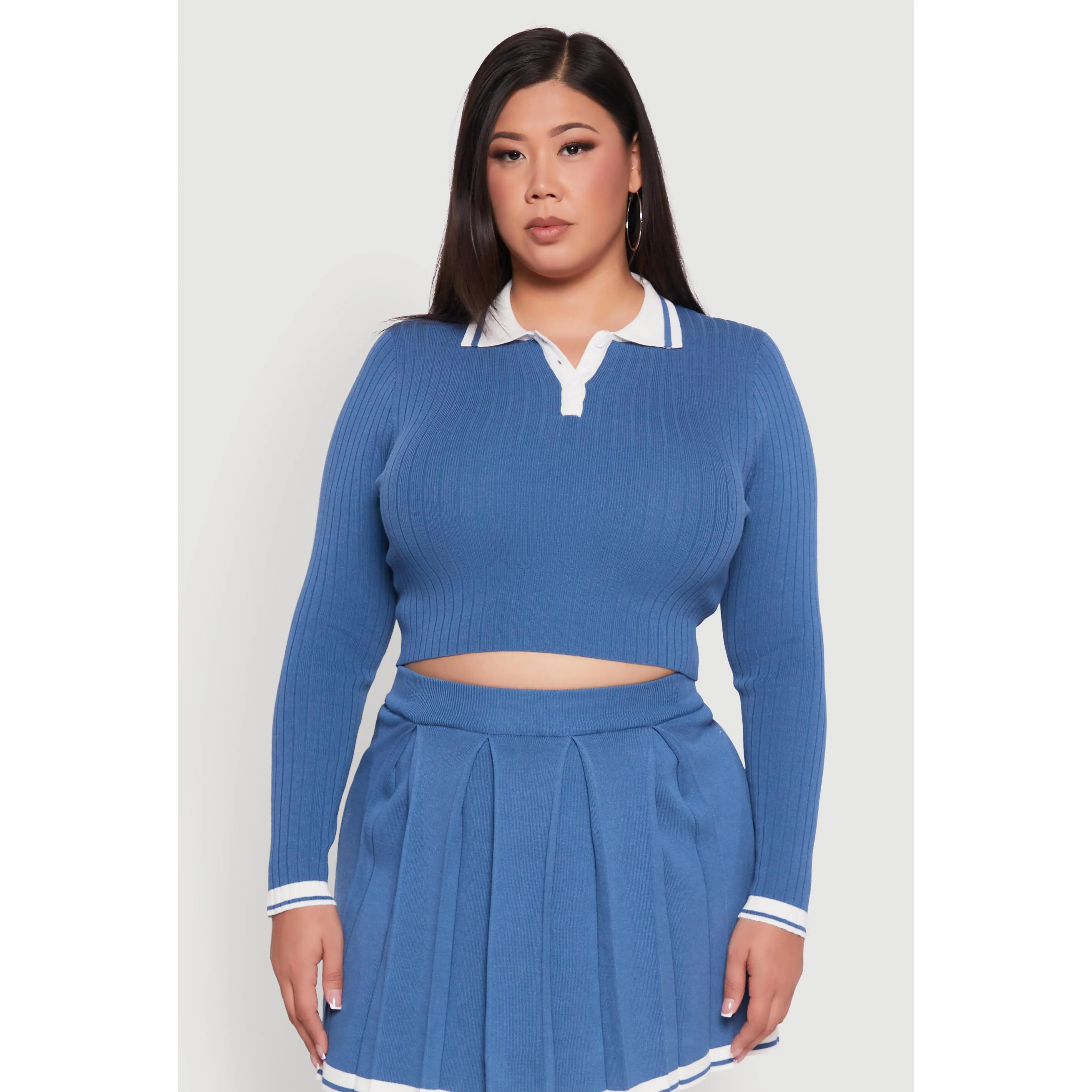 Plus Size Ribbed Knit Crop Varsity Stripe Sweater