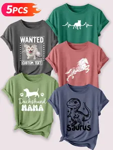 5PCS Pet & Animal Themed Women's Casual Fitted Streetwear Short Sleeve Crew Neck Round Neck Cotton T-Shirt Set – Bestselling Graphic Print, Multicolor, Machine Washable Spring & Summer Top, Soft Skin-Friendly Fabric, Daily Versatile, Fashion Design