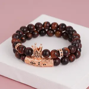 Micro-inlaid Crown Men's Bracelet with Natural Red Tiger Eye Stone 8MM Beads