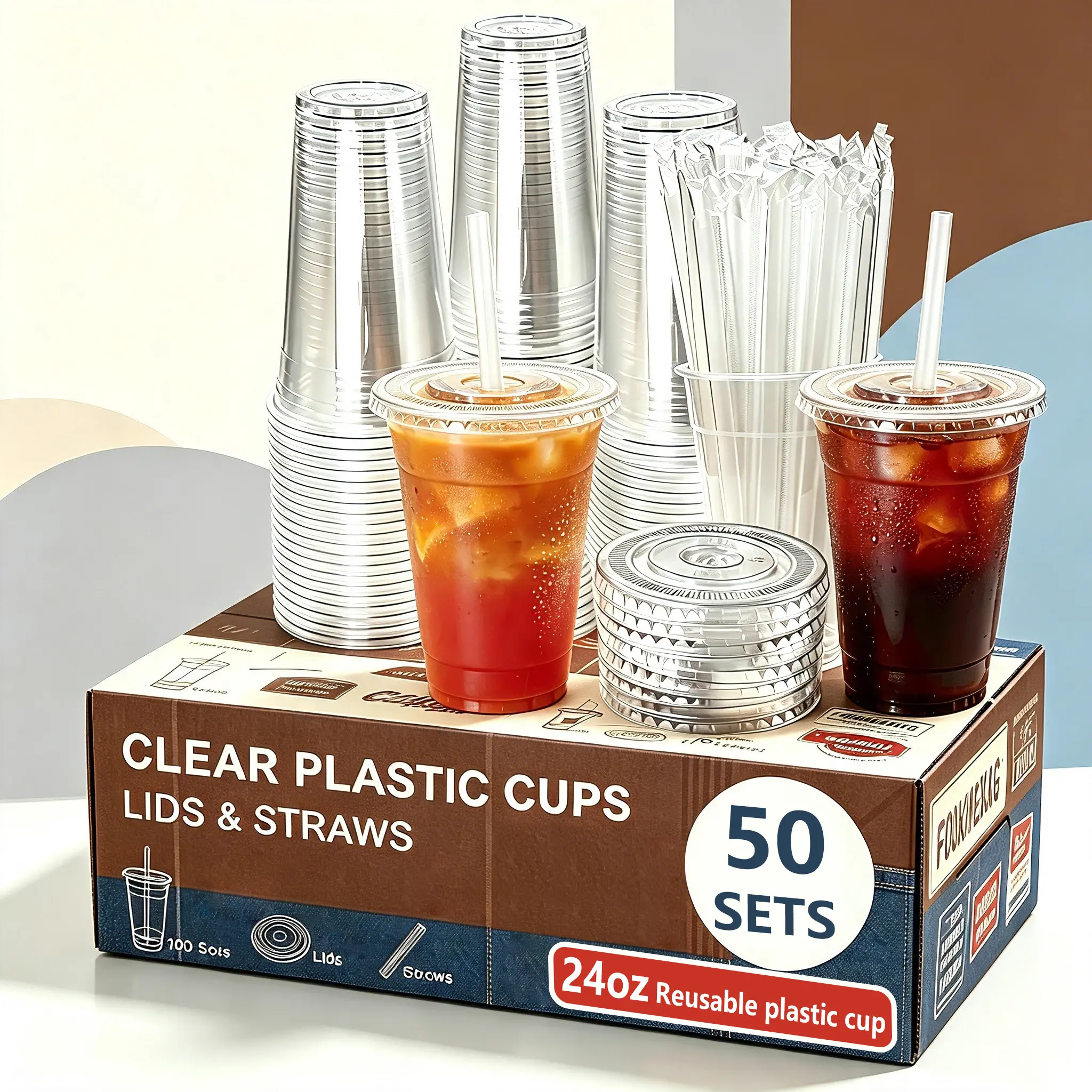 50-Set Disposable Transparent PET Plastic Cups Kit, 24oz Leak-Proof Drink Cups with Lids & Straws, Reusable for Parties & Beverage Stores, Festive Disposable Tableware Christmas Gift