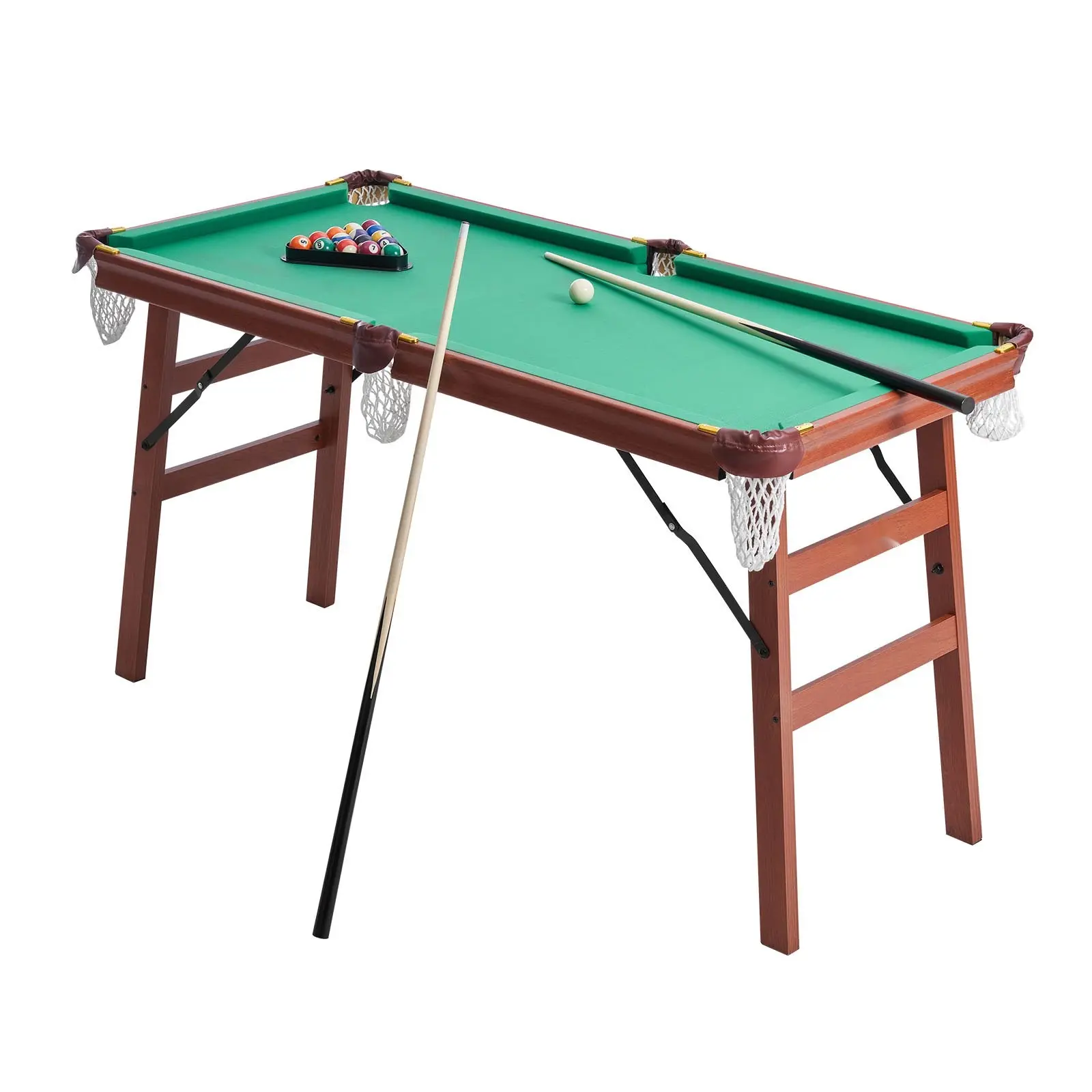 Folding Pool Table, 4.5 Ft Portable Billiards Table, Foldable Space-Saving Game Set With Balls, Cues, Rack, Chalk, Brush, Brown Finish With Blue Cloth, Ideal For Family Use, Recreation Room, Home Entertainment And Social Play