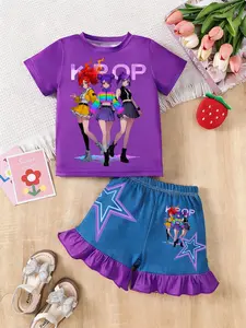 Trendy Kpop Themed Kids 2-Piece Set, Anime Tee & Star Print Ruffle Shorts, Y2K Style Fashion for Little Girls, Casual Leopard Pattern