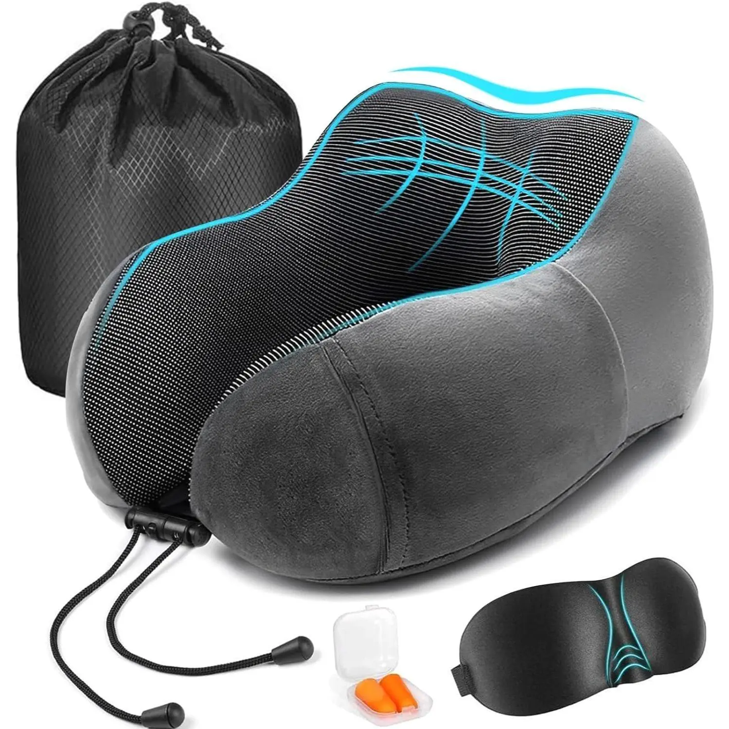 Almohada de Viaje LISAPRO, Almohada de Cuello de Espuma Viscoelástica, Funda de Almohada Removible y Transpirable, con Máscara para Ojos, Tapones para los Oídos, Bolsa de Almacenamiento y Bolsa para Cables, Soporte para el Cuello para Avión, Oficina y Hog