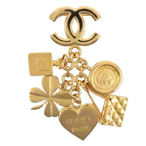 Pre-owned CHANEL Stainless Small Leather Goods Gold Plated Heart Clover Brooch